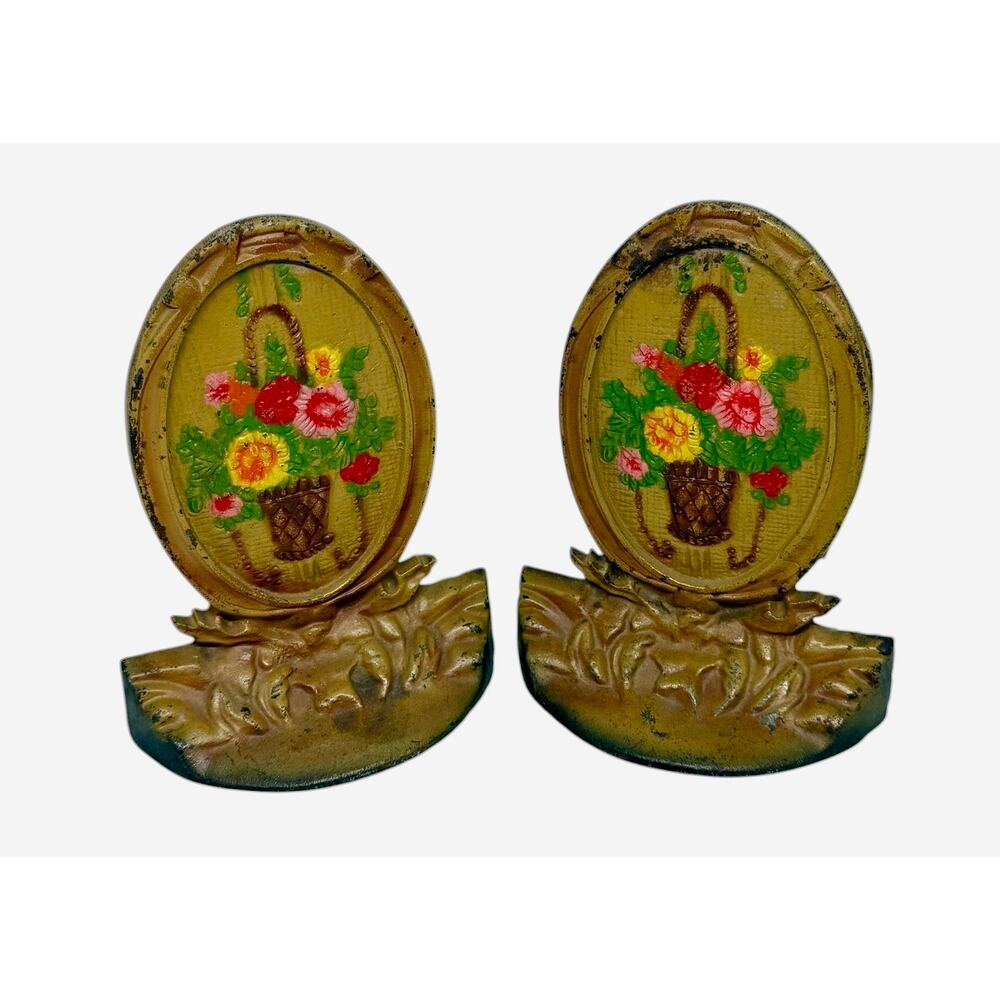 1920’s Cast Iron Bookends Handpainted Enamel Finish Oval Flowers Basket